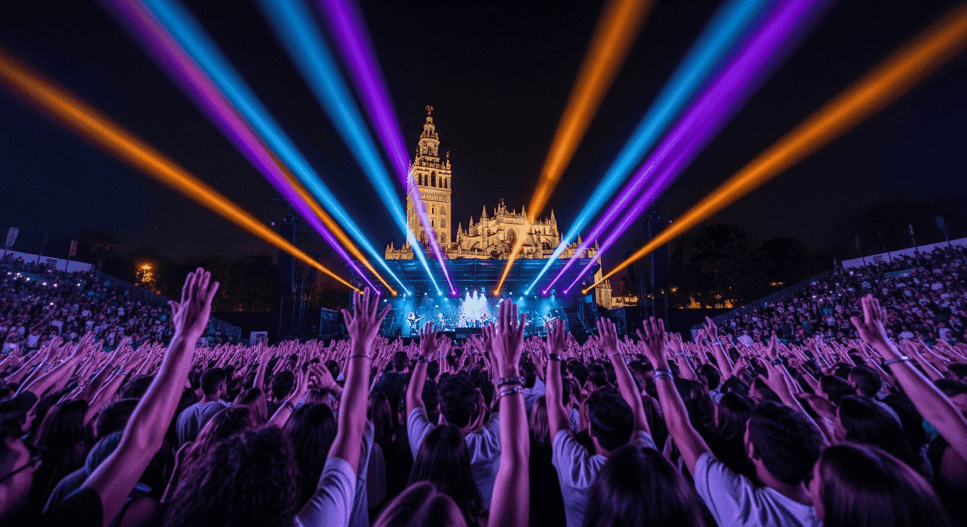 concierto nocturno con luces y público frente a un escenario gestionado por una agencia de espectáculos en Sevilla